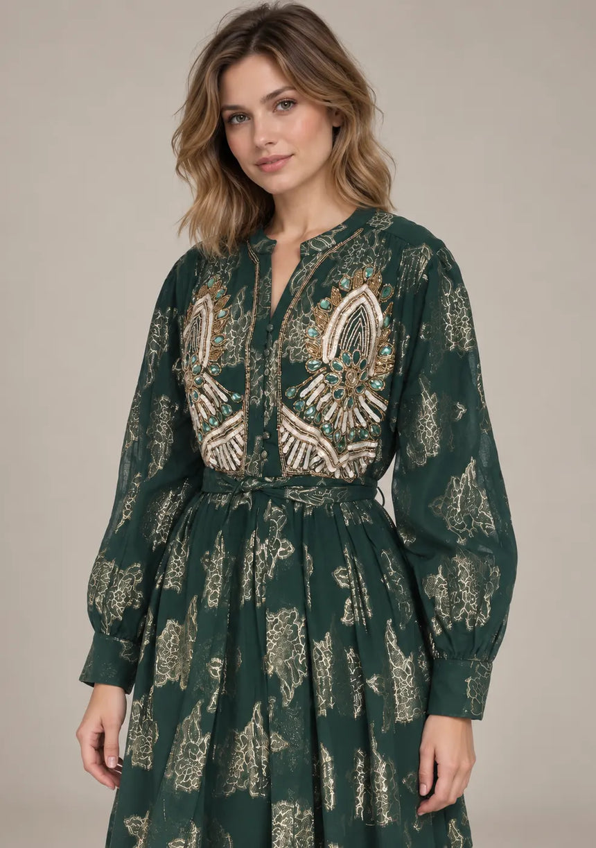 ibBan Embellished Lurex Long Dress with Metallic - Varsha