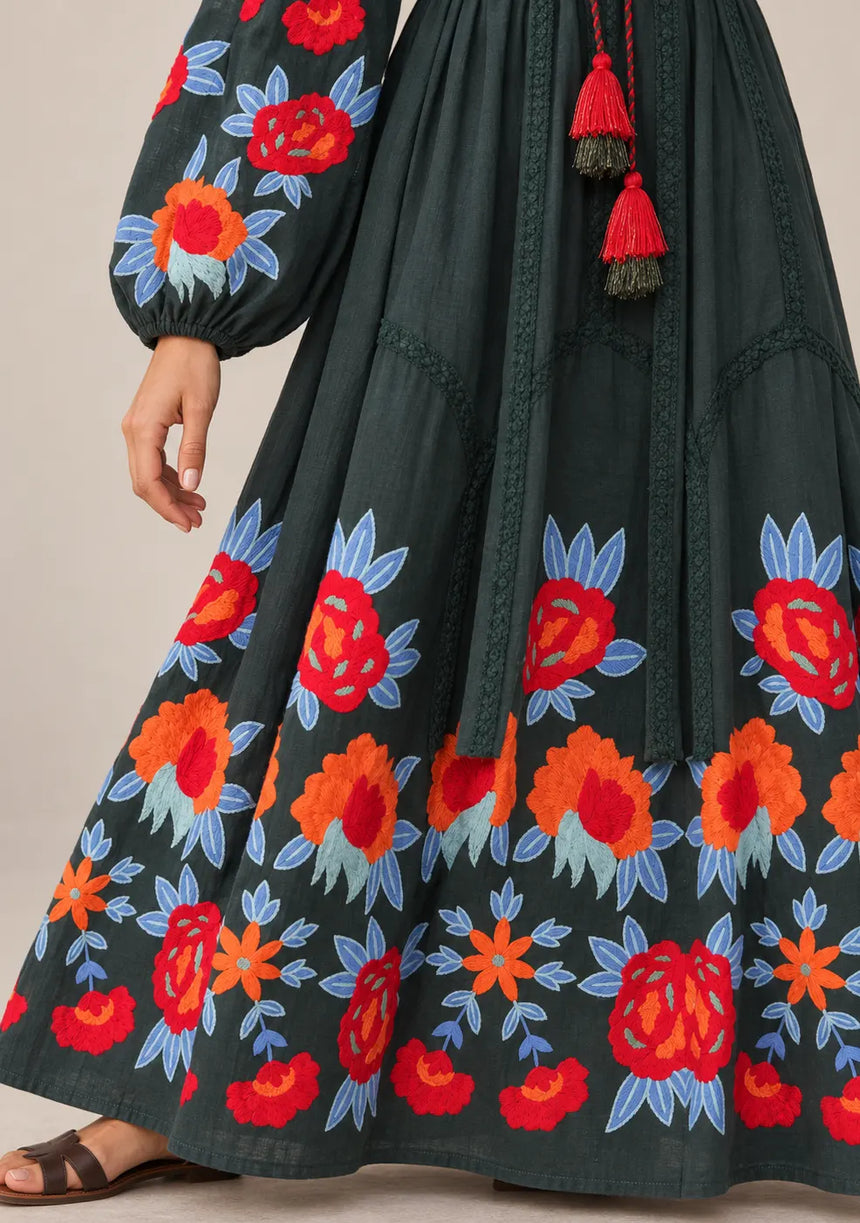 ibBan Floral Embroidered Cotton Maxi Dress with Tassel Tie - Gypsy