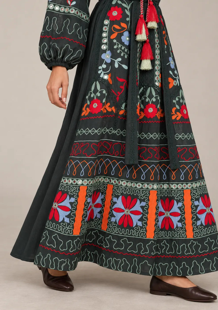 ibBanEmbroidered Cotton Maxi Dress with Tassel Tie - Hami