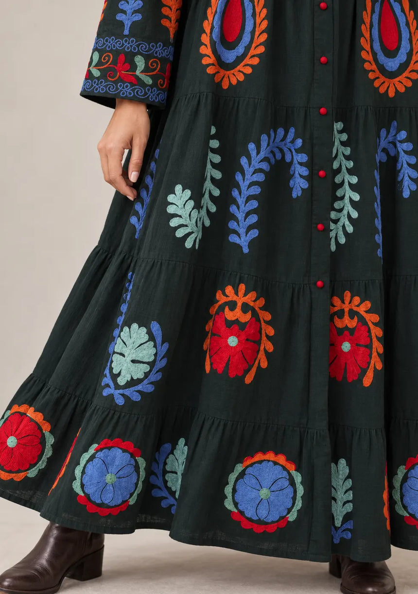 ibBan Embroidered Cotton Tiered Shirt Collor Tunic - Ambir