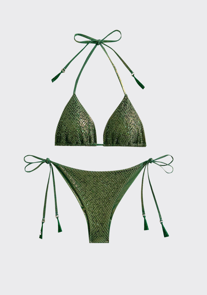 ibBan Women's Boho Printed Triangle Bikini Set | Adjustable Strap | Light Brown, Black & Green | Free Size | Zera