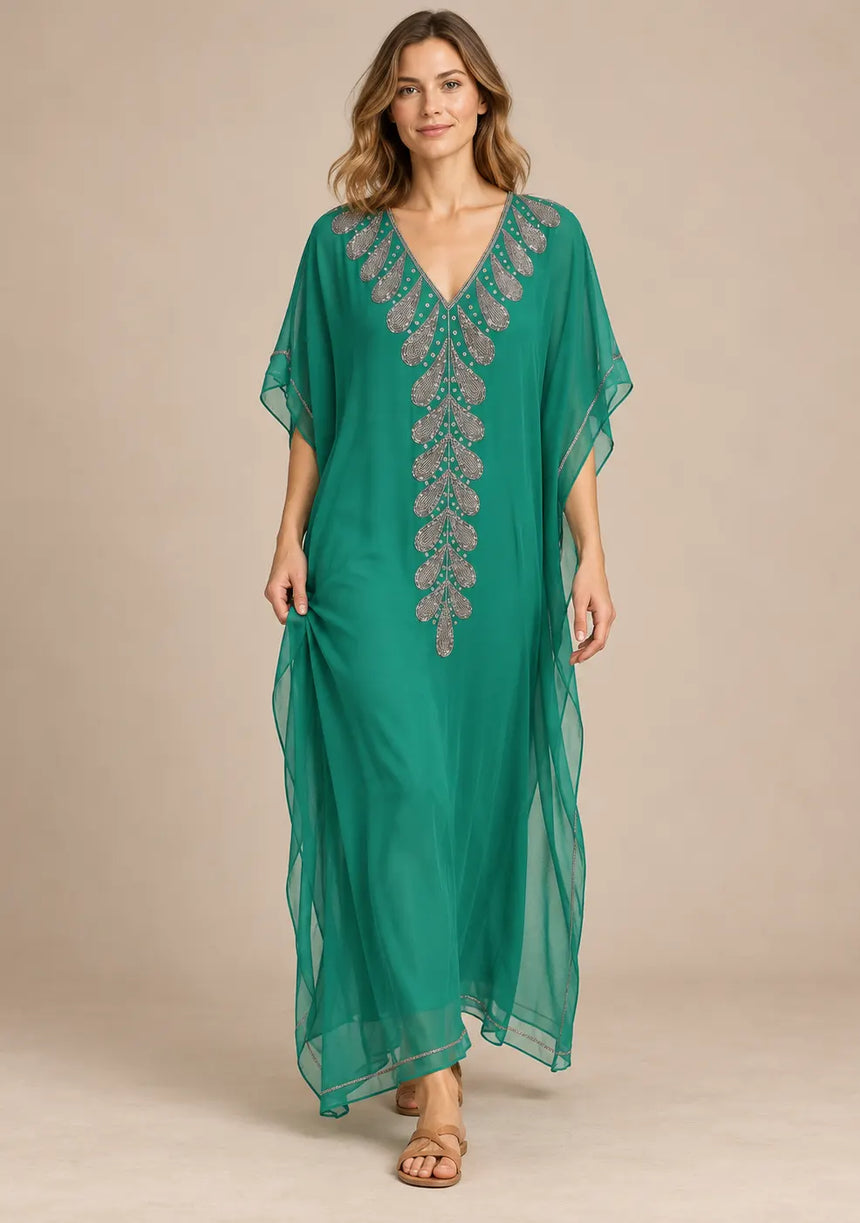 ibBan Women’s Hand Embroidered Georgette Kaftan Dress -Tanzeen