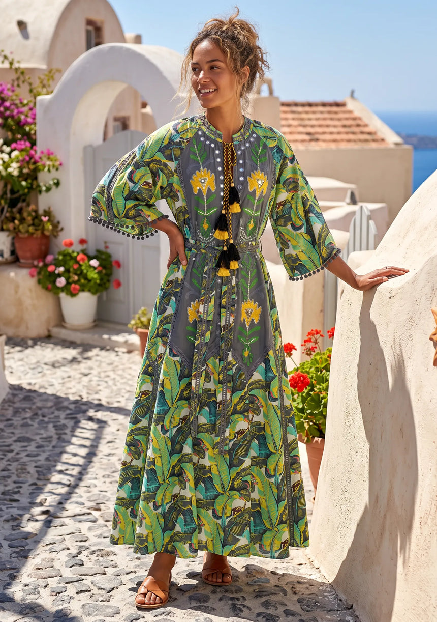 ibBan Embroidered Boho Cotton Maxi Dress with Tassel Tie - Fabiza