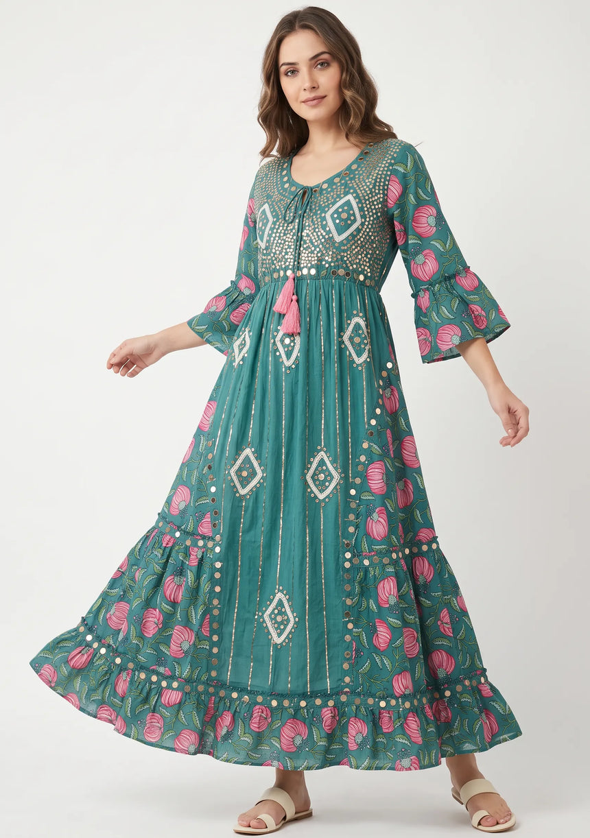 ibBan Floral Cotton Maxi Dress with Bell Sleeves - Jumani