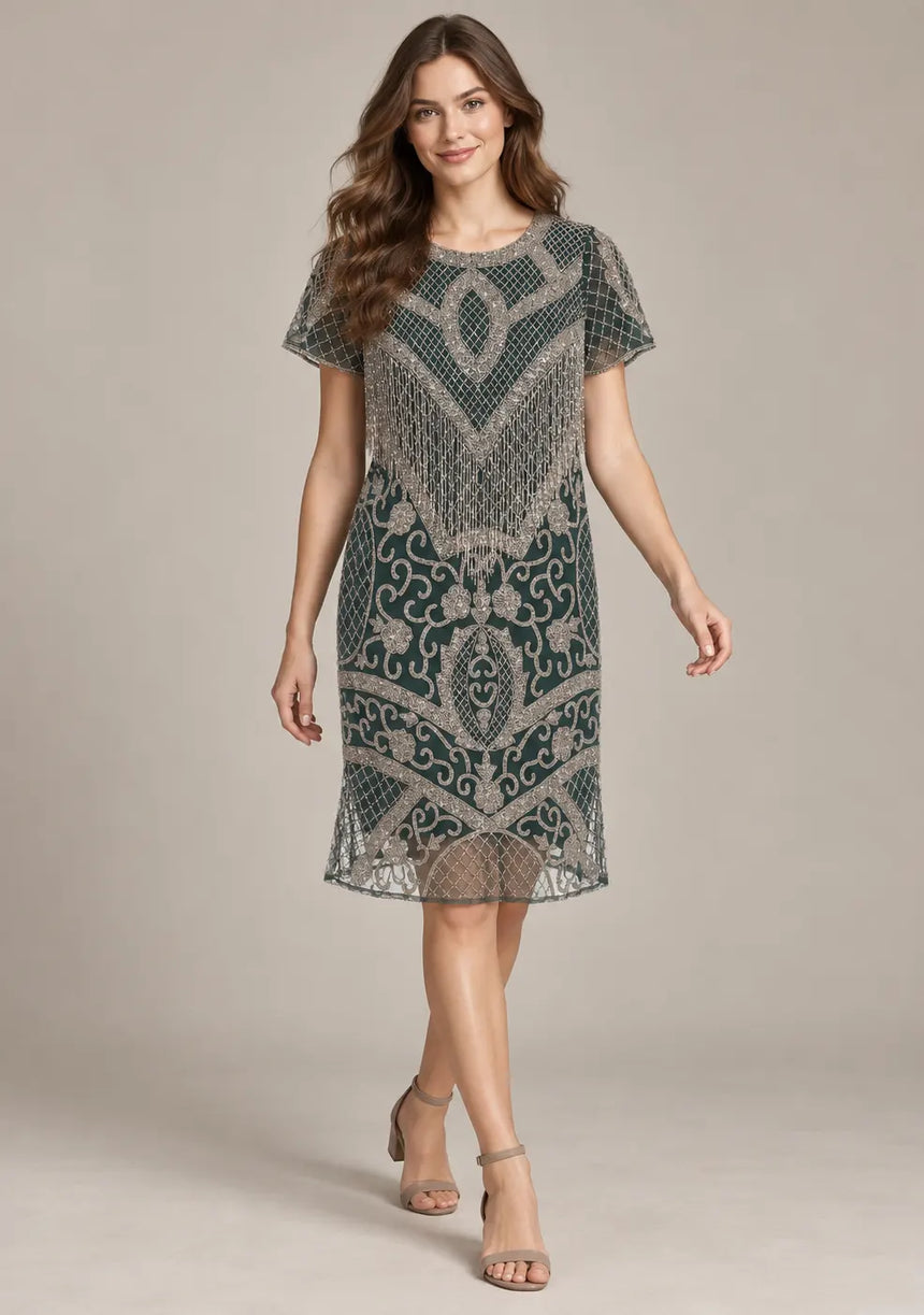 ibBan Party Midi Dress with Hand Beadwork & Fringe - Darya