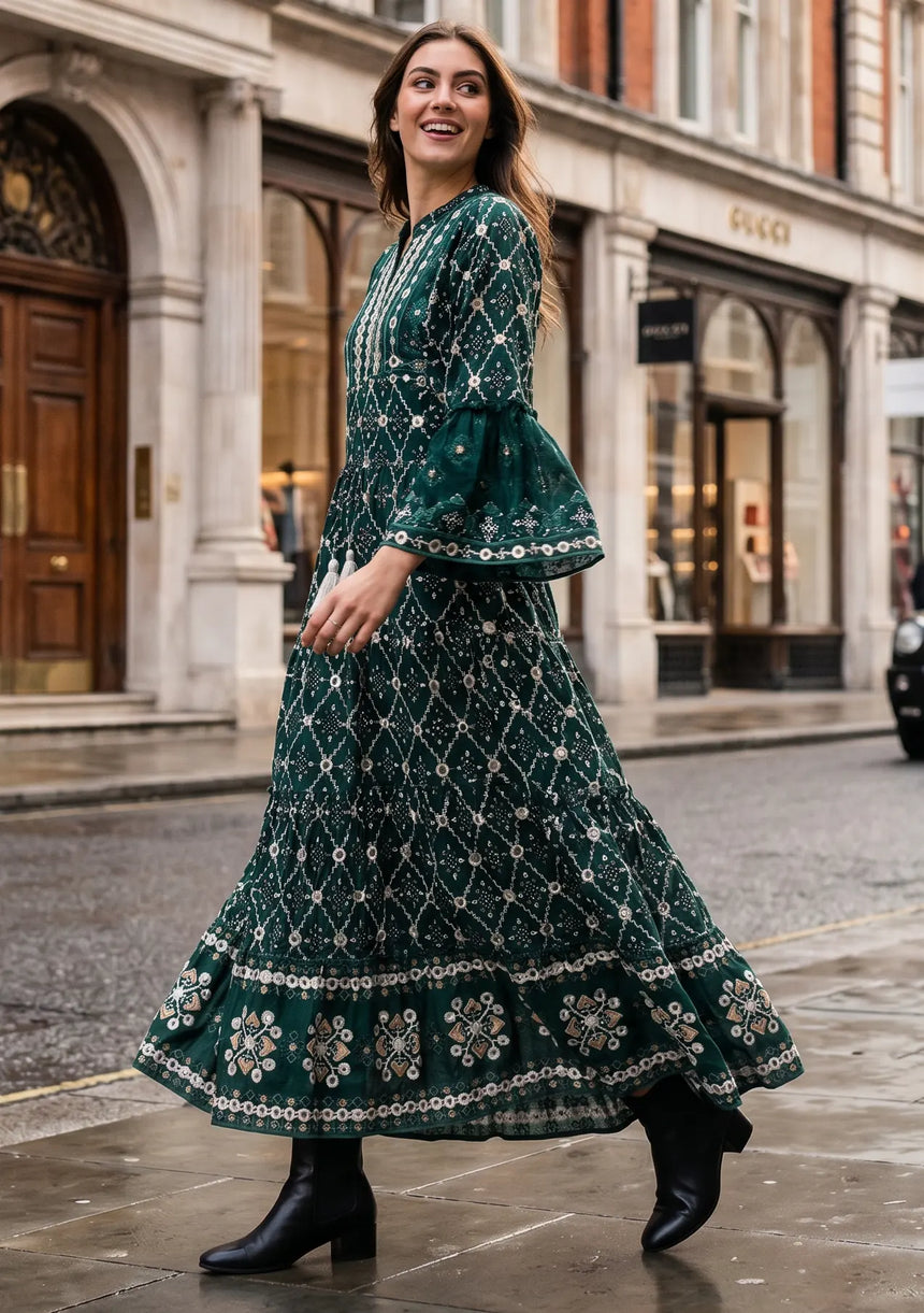 ibBan Hand Embroidered Winter Tunic Dress | Luxury Bohemian Elegance - Melida