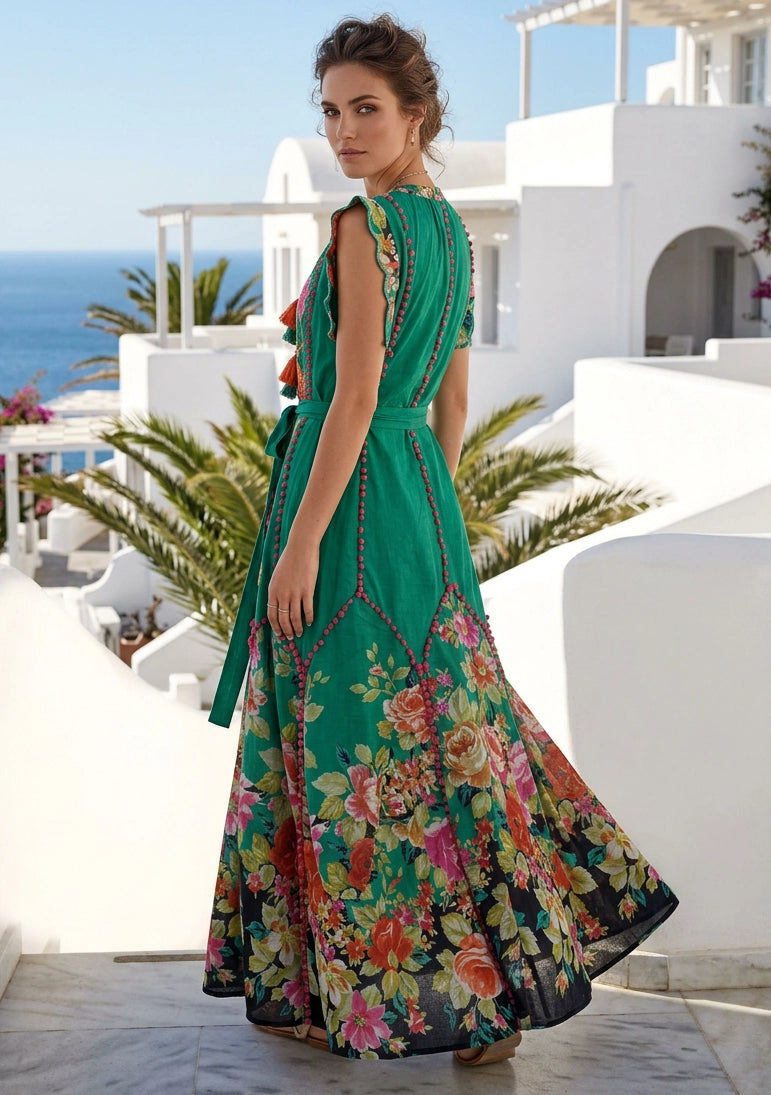 ibBan Floral Hand Embroidered Cotton Long Dres -Nagozi