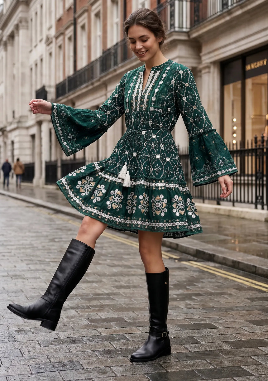 ibBan Hand Embroidered Winter Short Tunic Dress | Luxury Women's Fashion - Melida