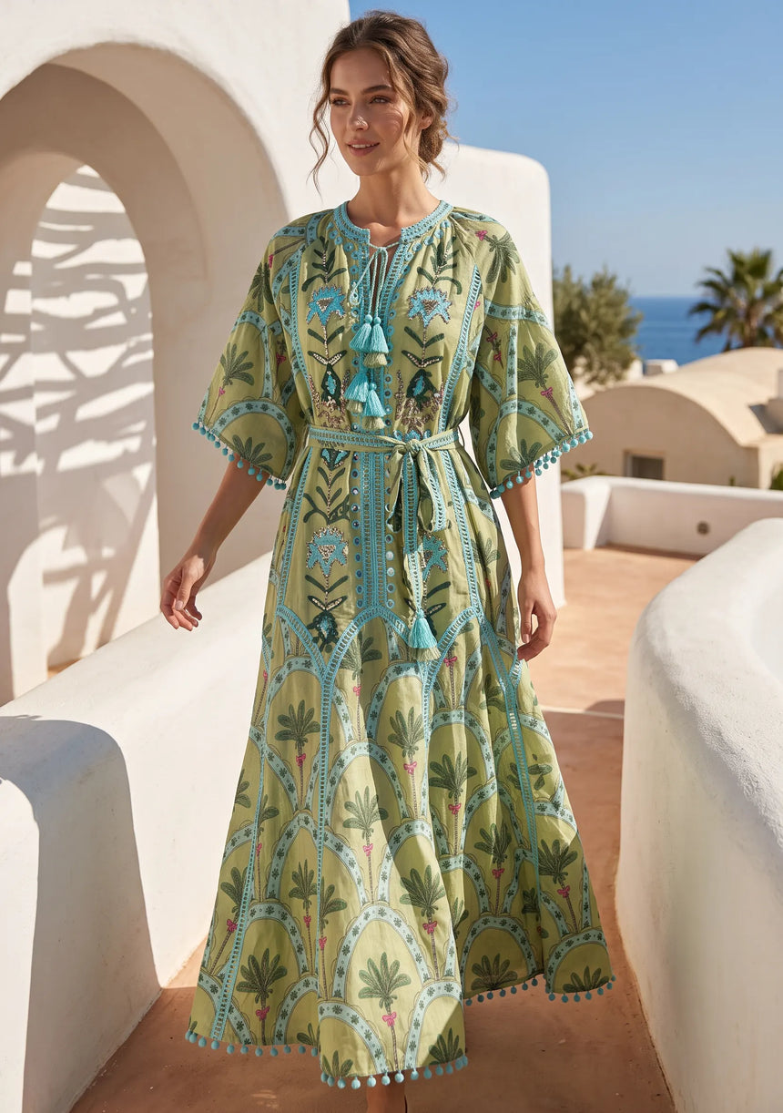 ibBan Hand-Embroidered Cotton Long Dress with Palm Print - Nashwa