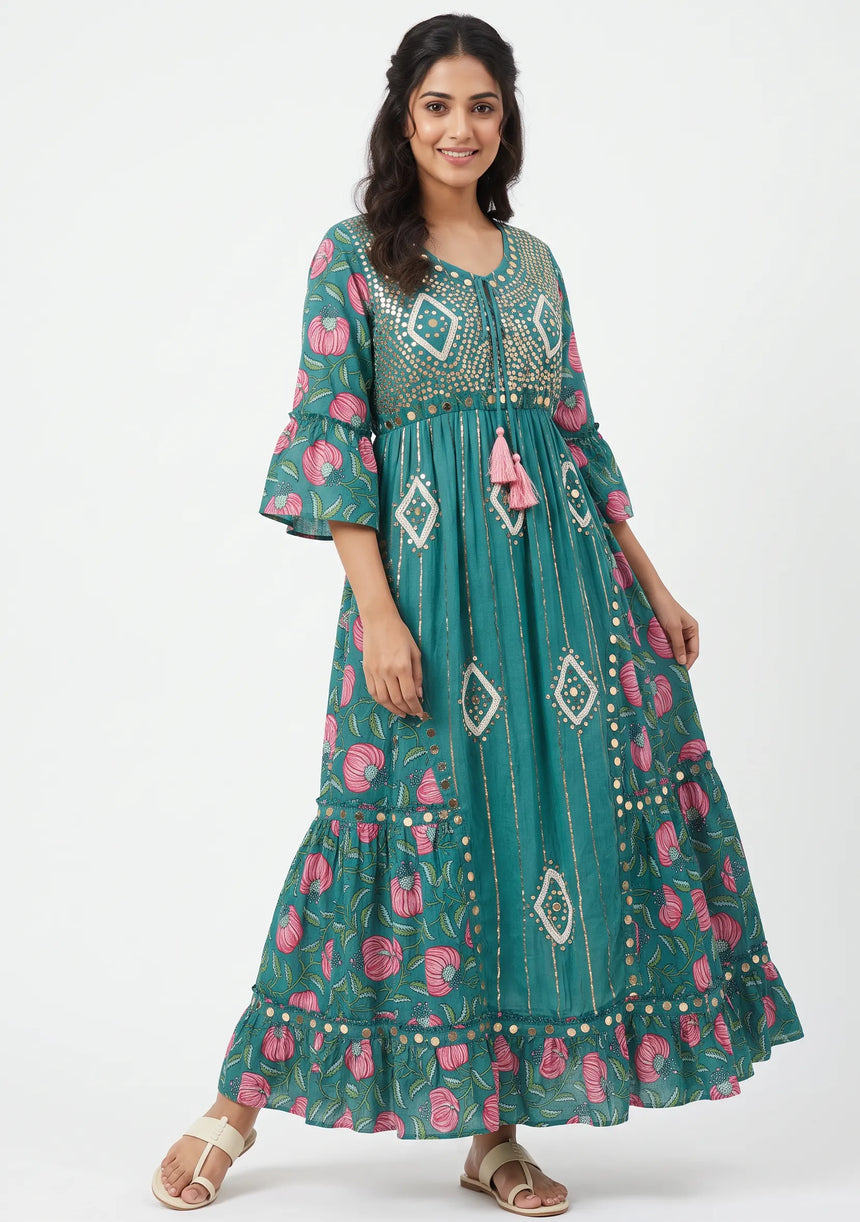 ibBan Floral Cotton Maxi Dress with Bell Sleeves - Jumani