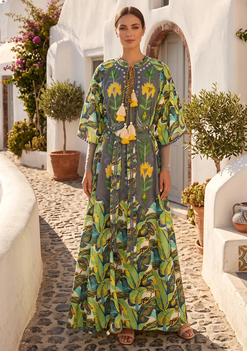 ibBan Embroidered Boho Cotton Maxi Dress with Tassel Tie - Fabiza