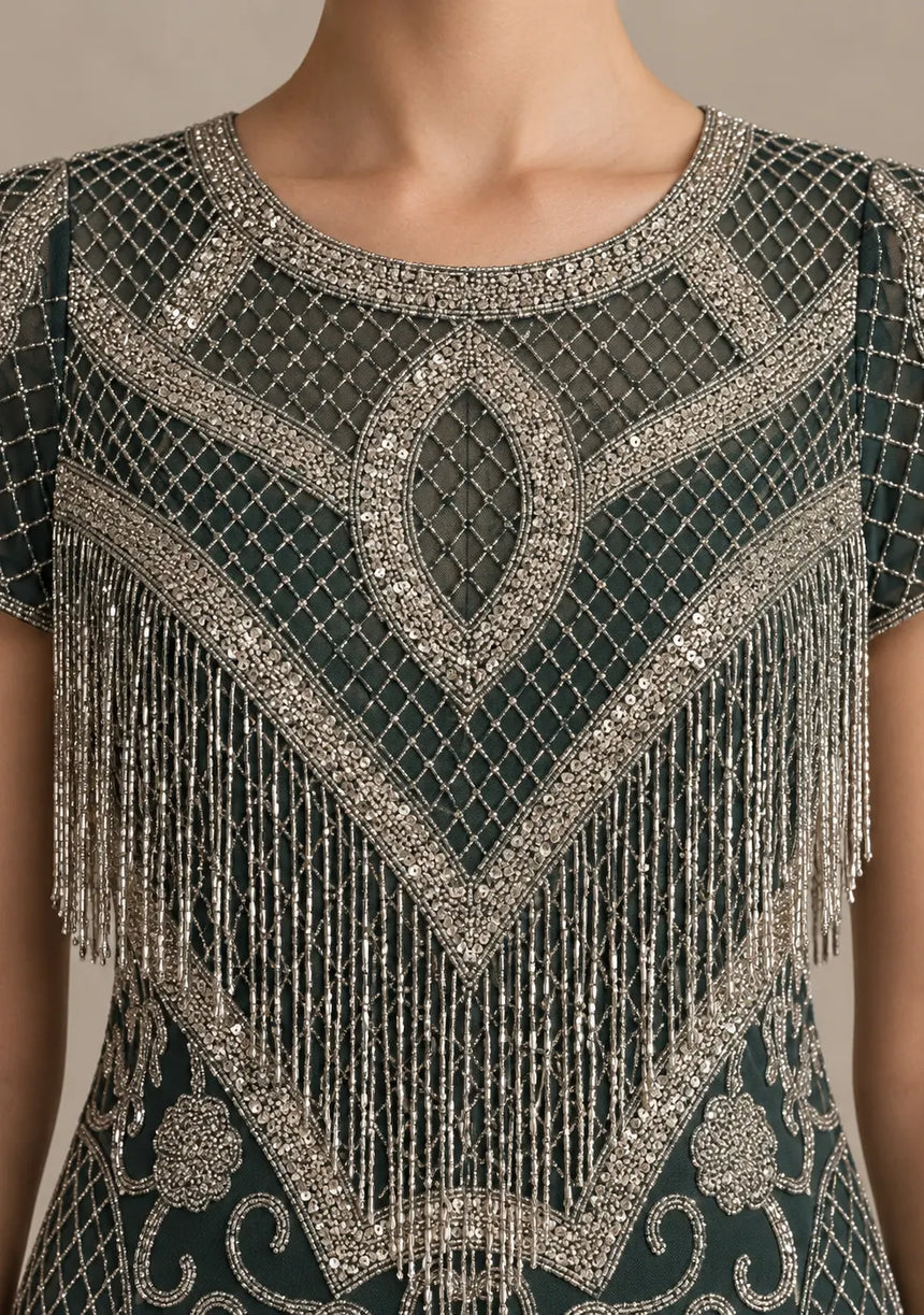 ibBan Party Midi Dress with Hand Beadwork & Fringe - Darya