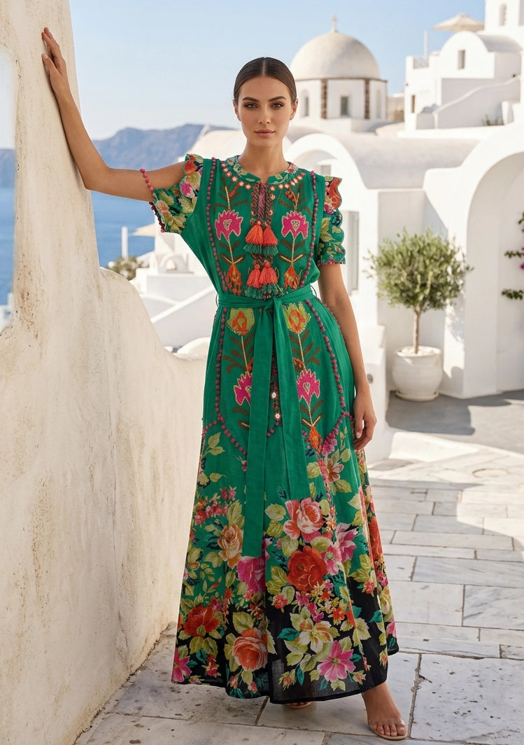 ibBan Floral Hand Embroidered Cotton Long Dres -Nagozi