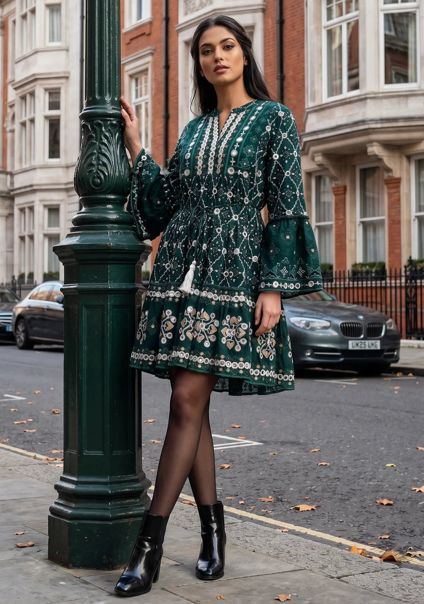 ibBan Hand Embroidered Winter Short Tunic Dress | Luxury Women's Fashion - Melida