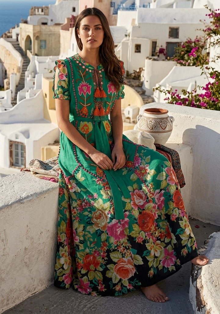 ibBan Floral Hand Embroidered Cotton Long Dres -Nagozi