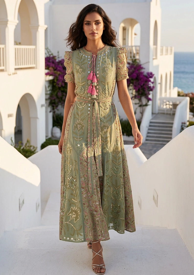 Women's Hand Embroidered Luxury Cotton Long Dress Round Tie-Up Neck - Seliza