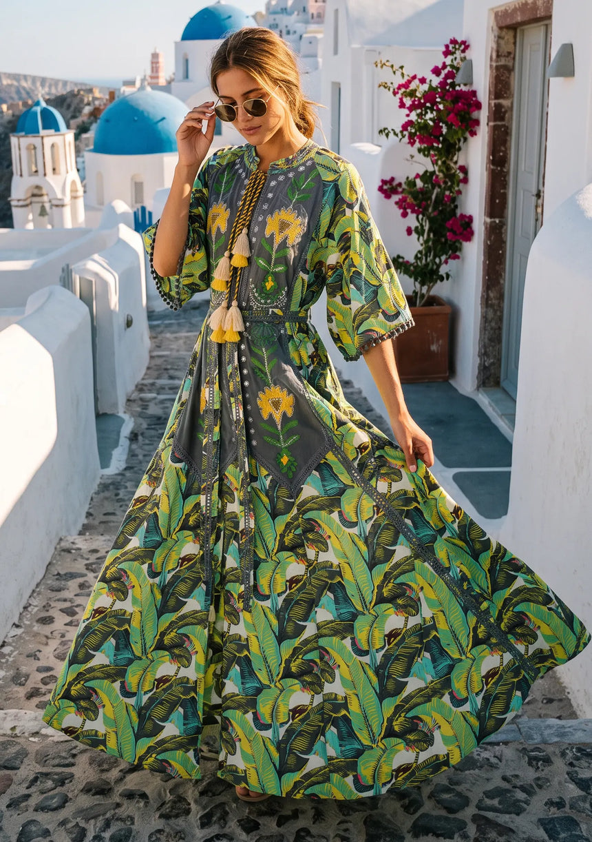 ibBan Embroidered Boho Cotton Maxi Dress with Tassel Tie - Fabiza
