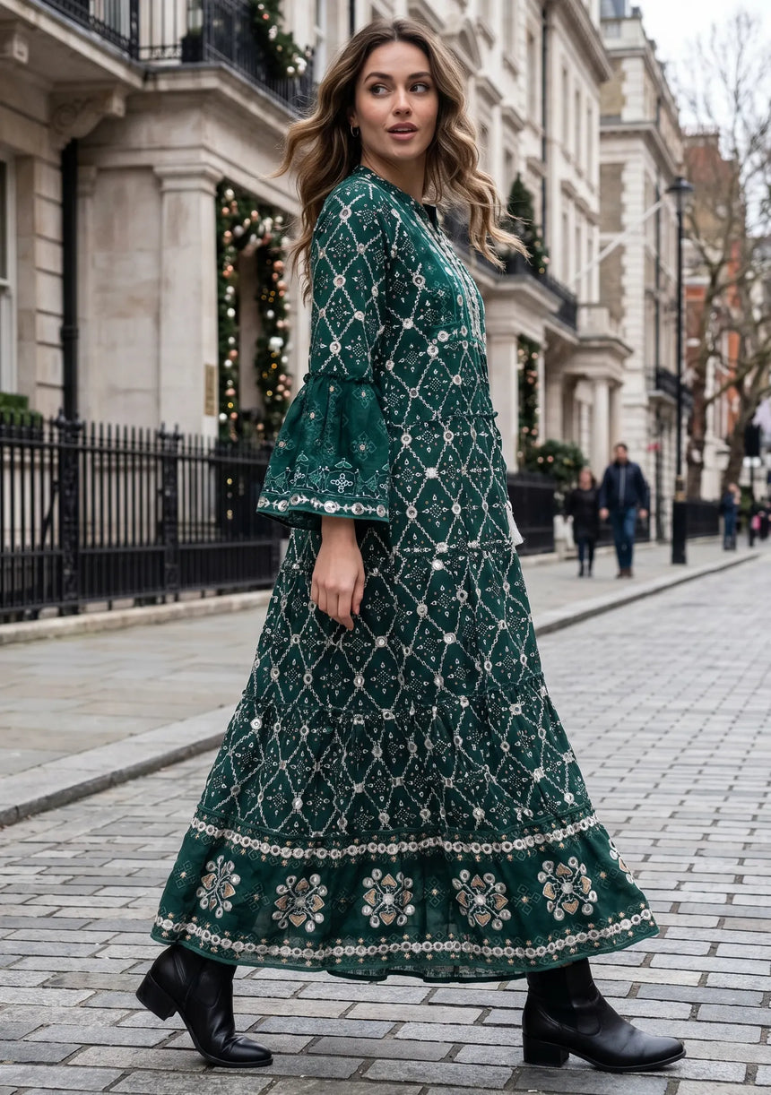 ibBan Hand Embroidered Winter Tunic Dress | Luxury Bohemian Elegance - Melida