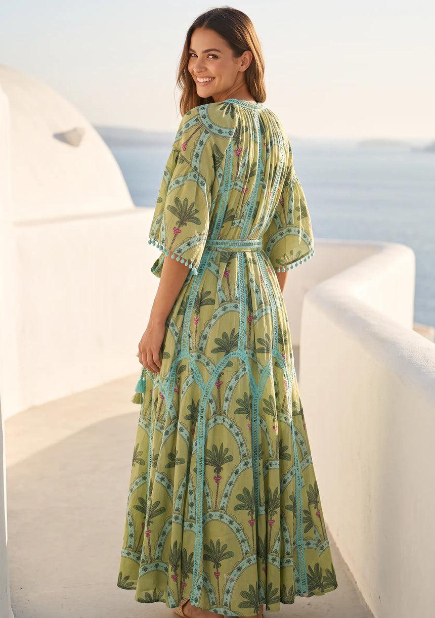 ibBan Hand-Embroidered Cotton Long Dress with Palm Print - Nashwa
