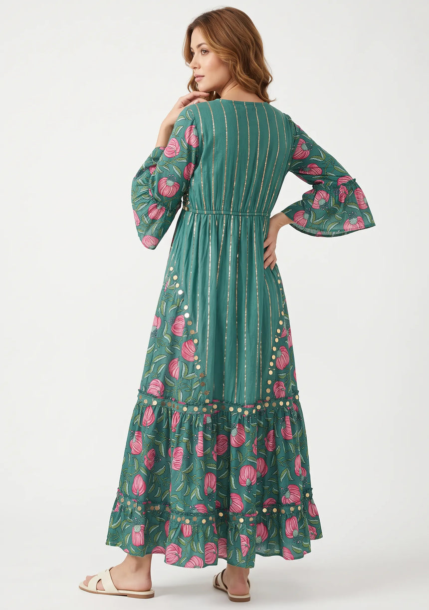ibBan Floral Cotton Maxi Dress with Bell Sleeves - Jumani