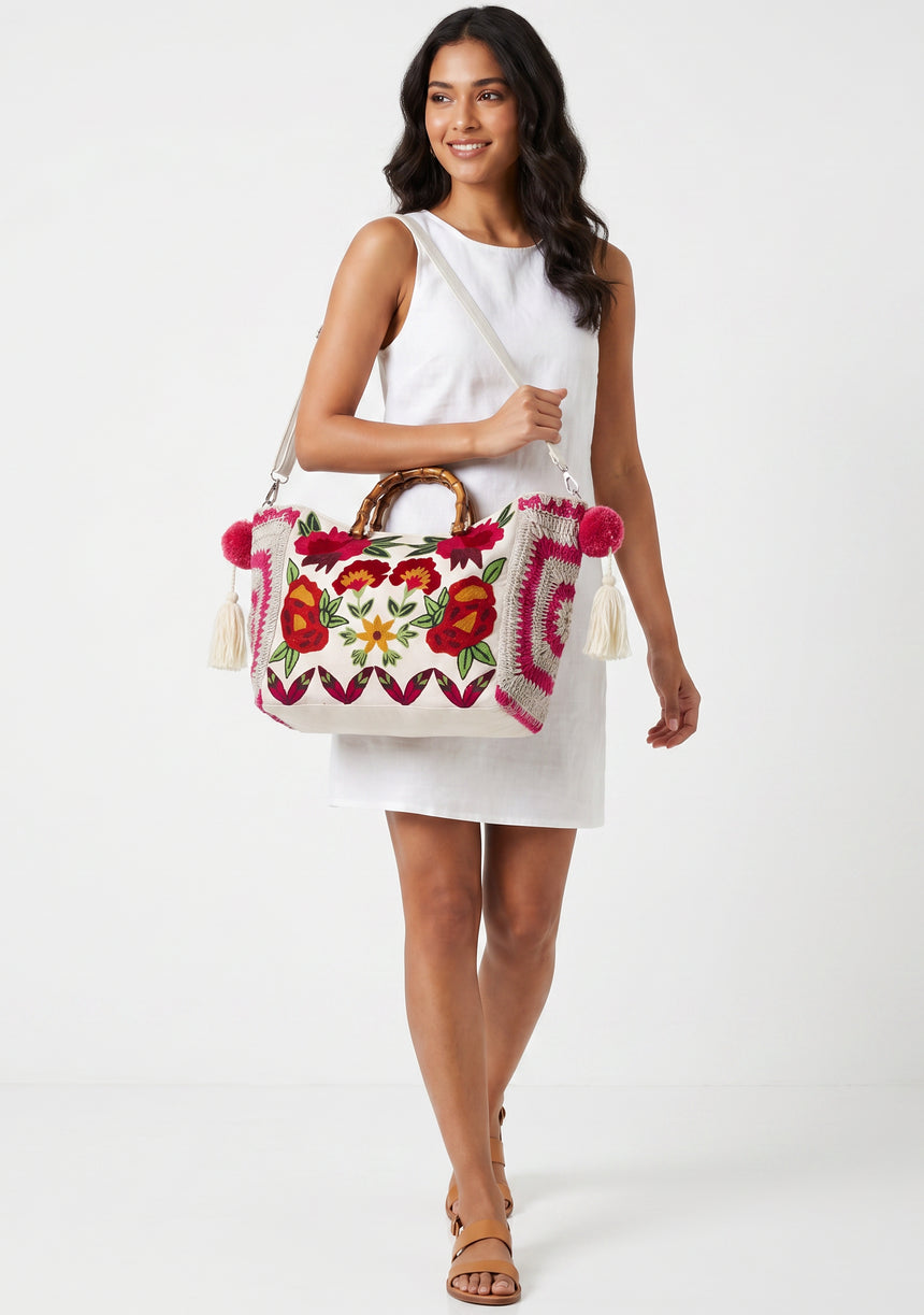 ibBan Women's Hand Embroidered Floral Tote Bag - Gypsy | Artisan Canvas Handbag