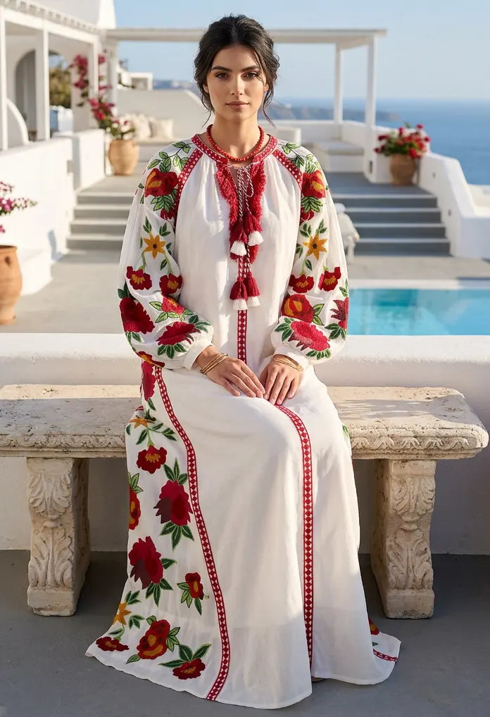 Women's Hand Embroidered Cotton Maxi Dress Round Neck - Gypsy