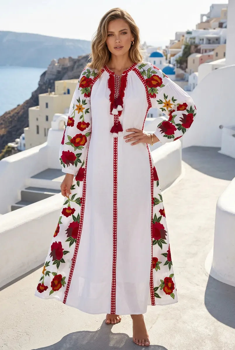 Women's Hand Embroidered Cotton Maxi Dress Round Neck - Gypsy
