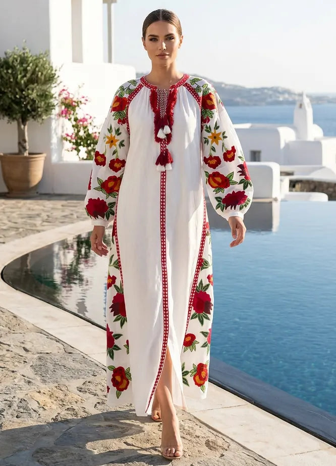 Women's Hand Embroidered Cotton Maxi Dress Round Neck - Gypsy