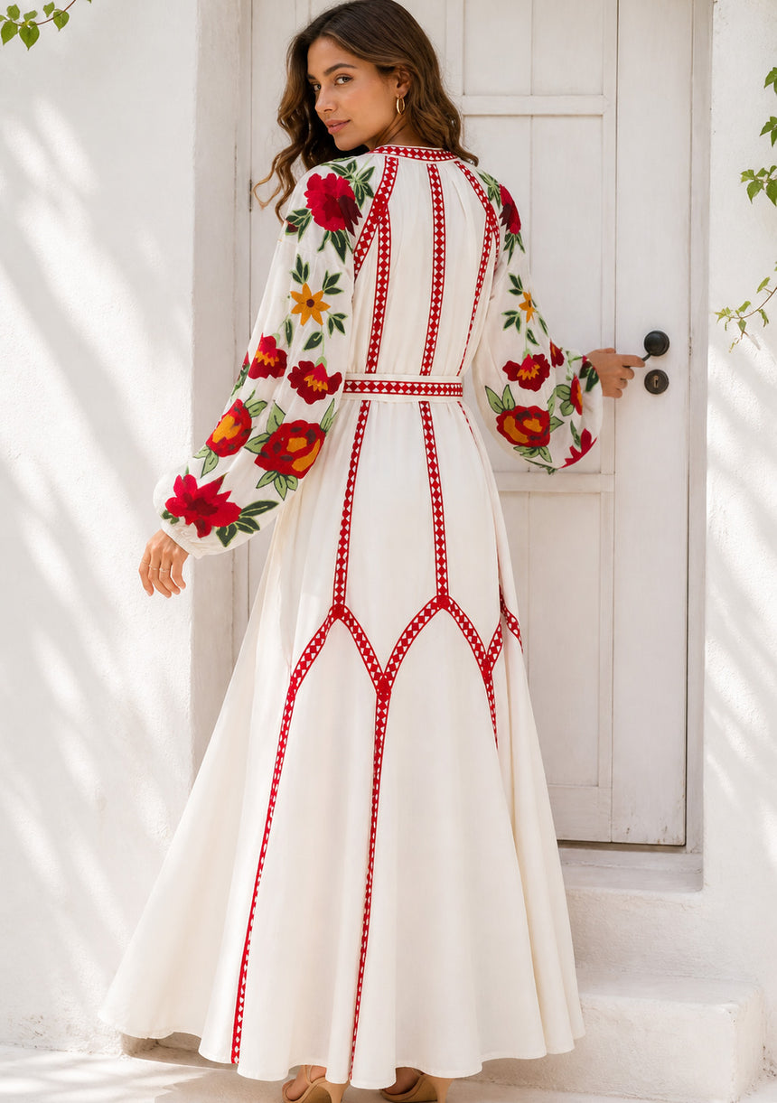 Vestido largo de algodón con cuello redondo para mujer - Raso