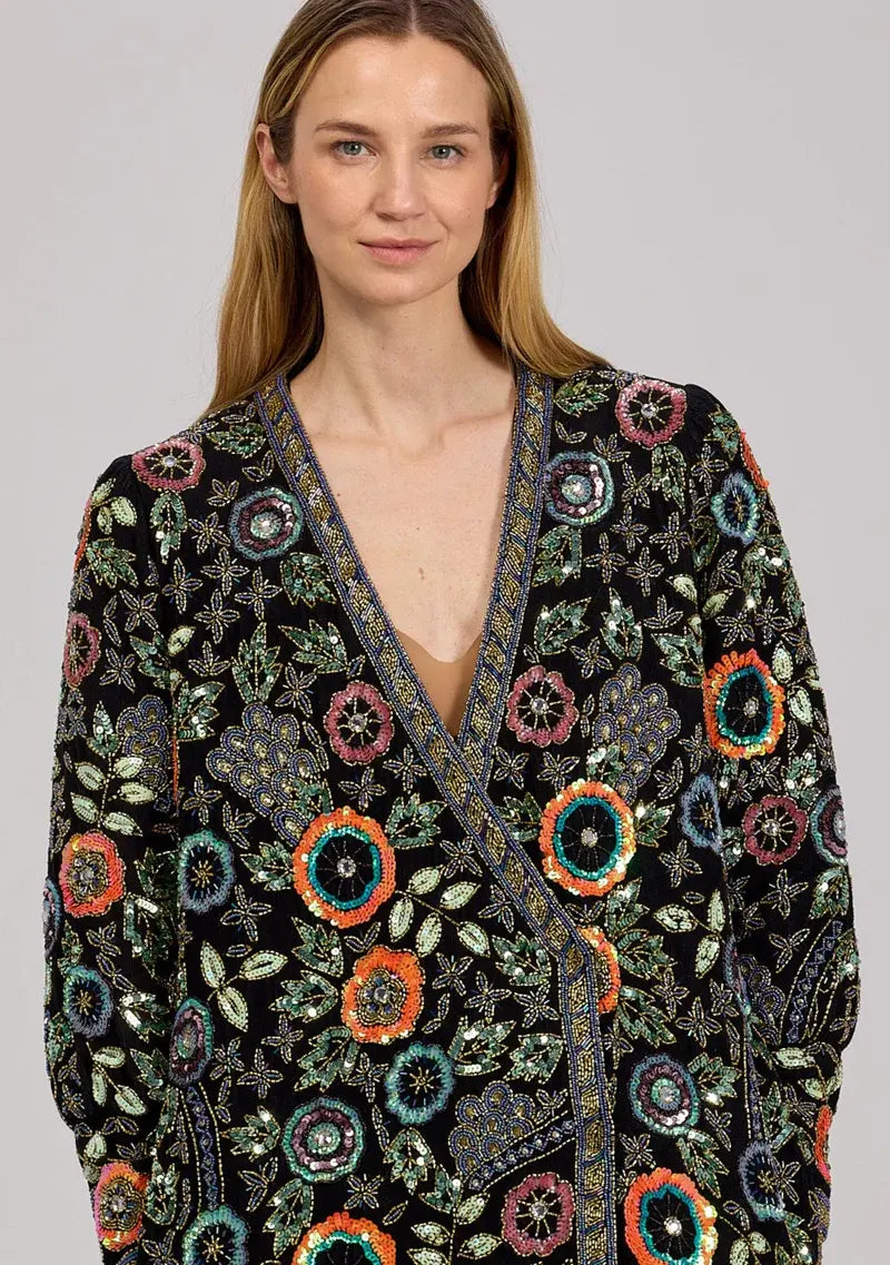Women's Black Designer Embroidered Long Winter Coat - Rio