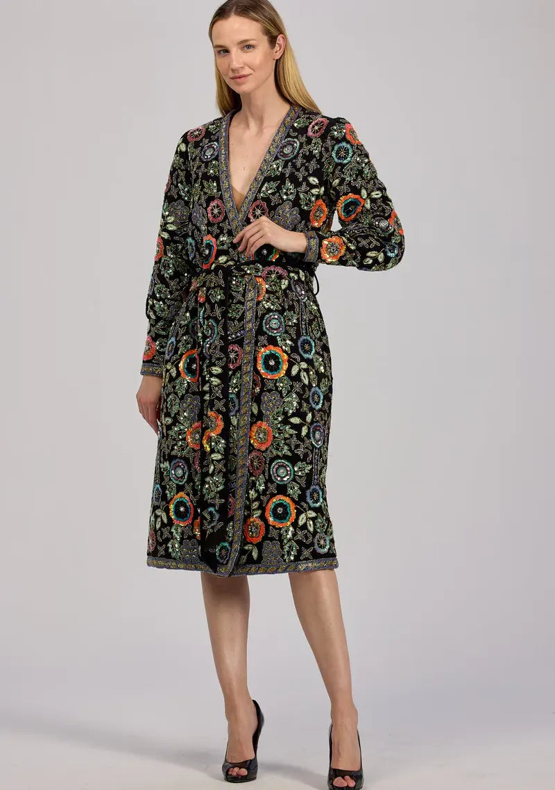 Women's Black Designer Embroidered Long Winter Coat - Rio