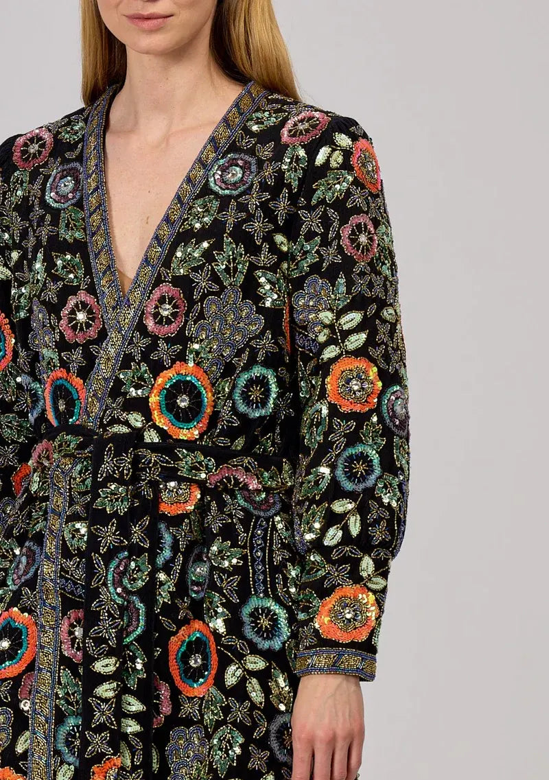 Women's Black Designer Embroidered Long Winter Coat - Rio