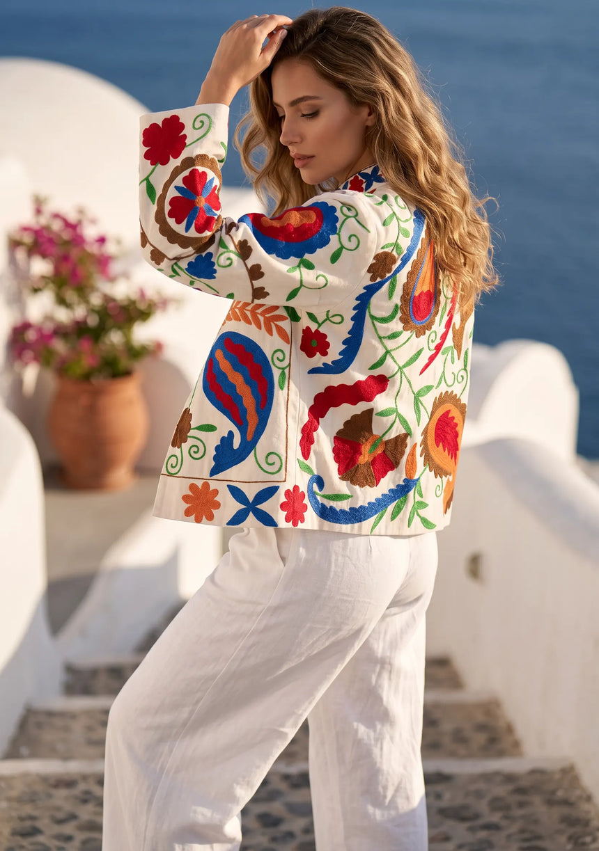 ibBan Summer Hand Embroidered Jacket | Women's Artisan Canvas Cotton Jacket - Miruna