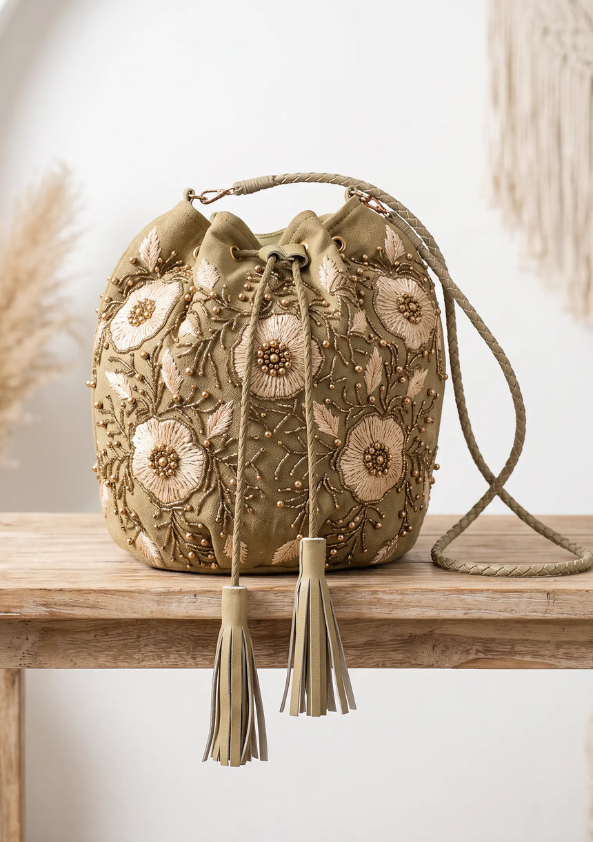 ibBan Floral Embellished Canvas Bucket Bag - Johri