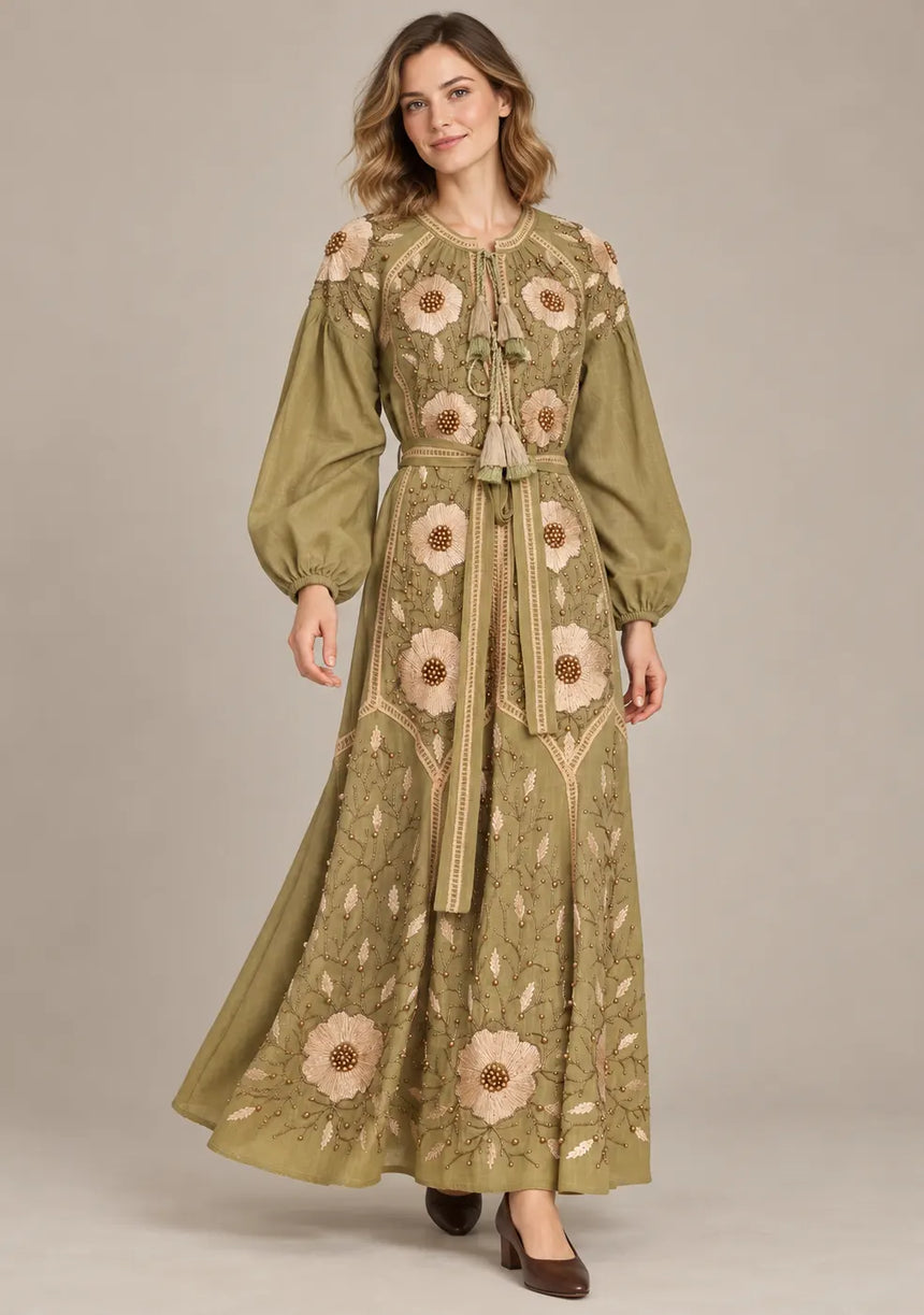 ibBan Floral Embroidered Cotton Long Dress - Johri