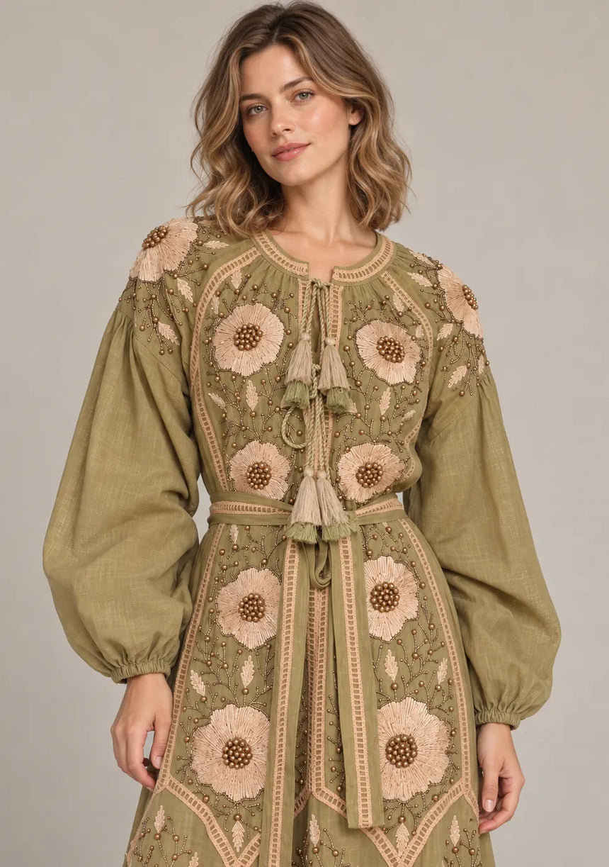 ibBan Floral Embroidered Cotton Long Dress - Johri
