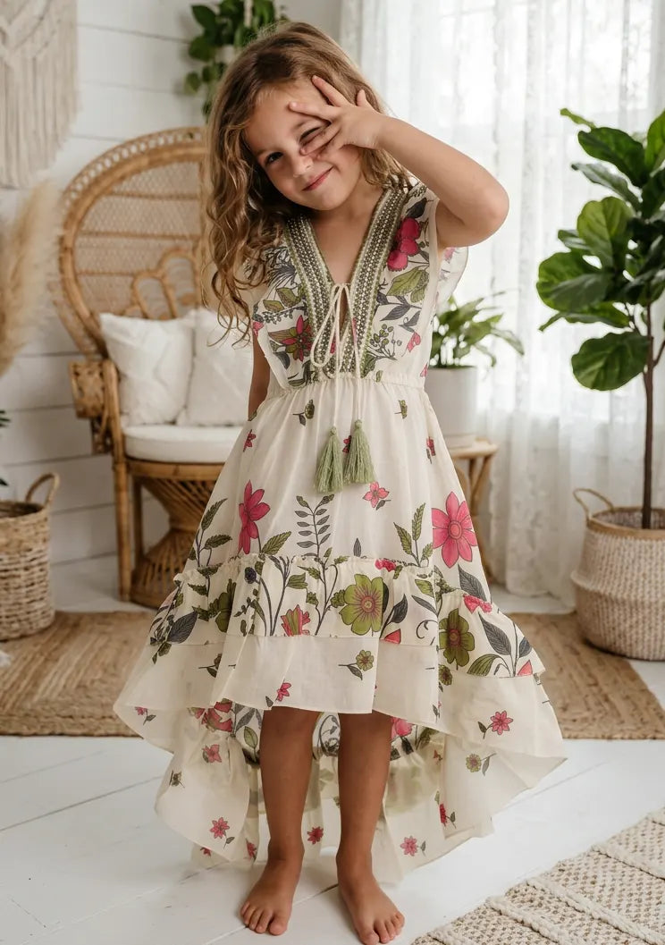 Robe en coton col V pour fille - Jelisha