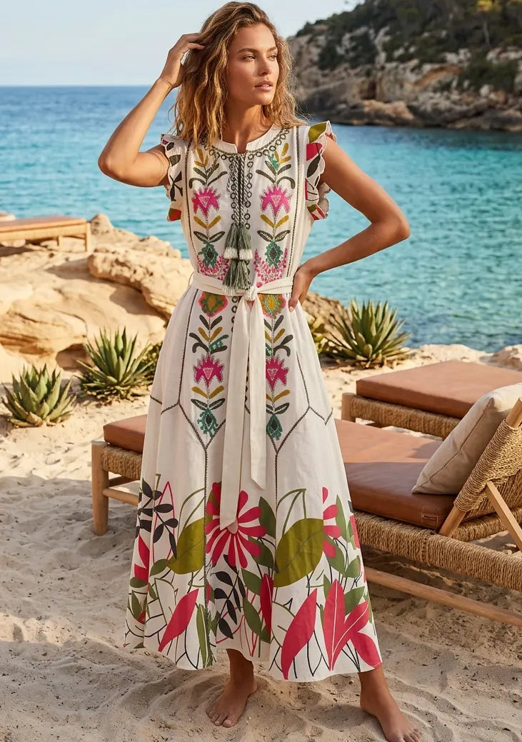 Vestido largo de algodón con cuello redondo para mujer - Barika