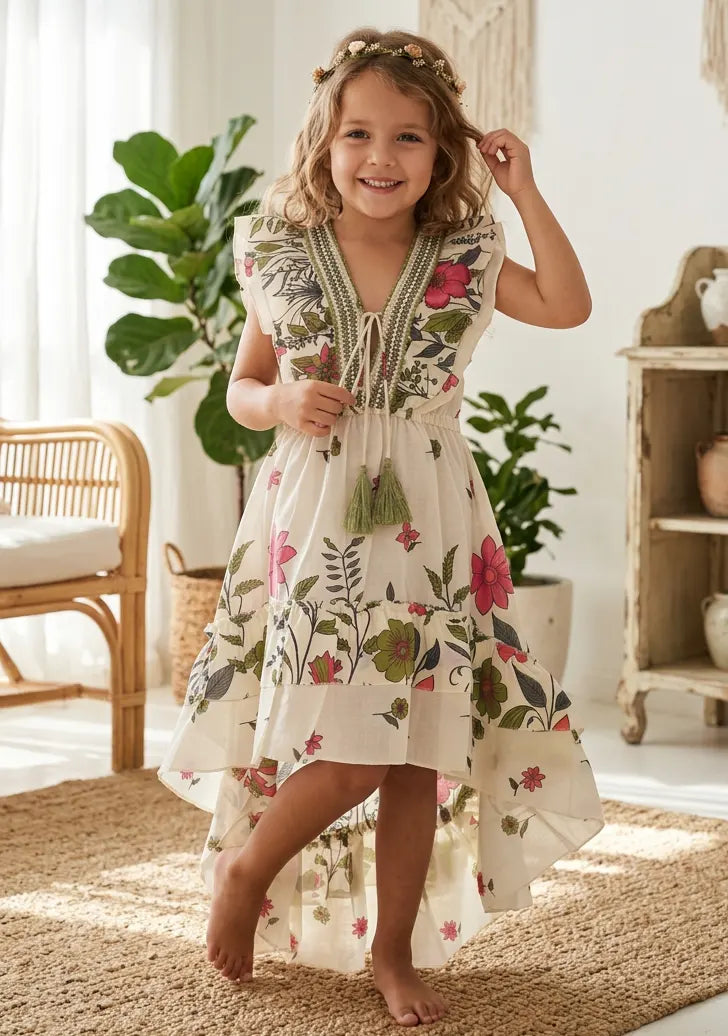 Robe en coton col V pour fille - Jelisha