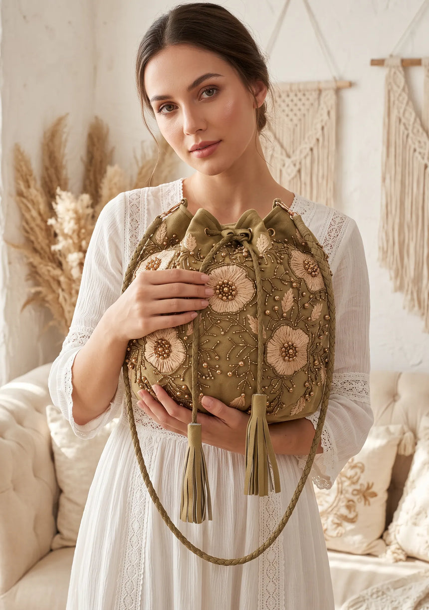 ibBan Floral Embellished Canvas Bucket Bag - Johri