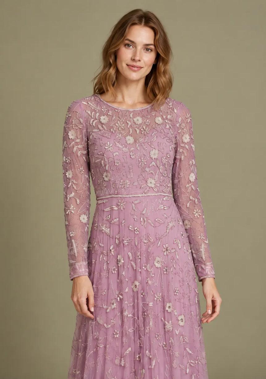 Women’s Net Long Dress with Floral Hand Embroidery-Arzoo