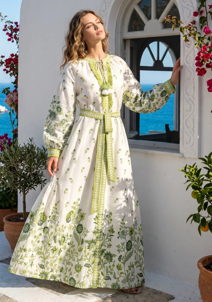 ibBan Printed Cotton Maxi Dress with Hand Embroidery | Luxury Resort Wear - Aizal long dress