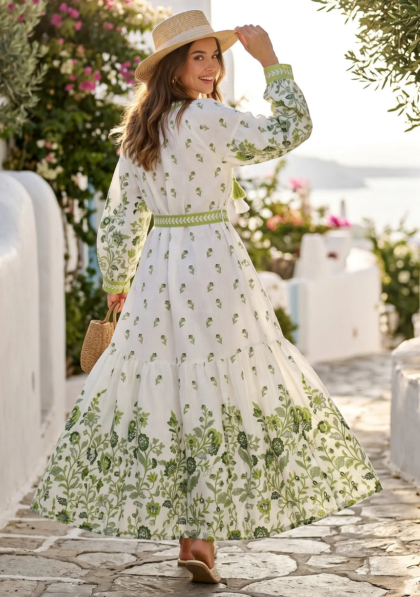 ibBan Printed Cotton Maxi Dress with Hand Embroidery | Luxury Resort Wear - Aizal long dress