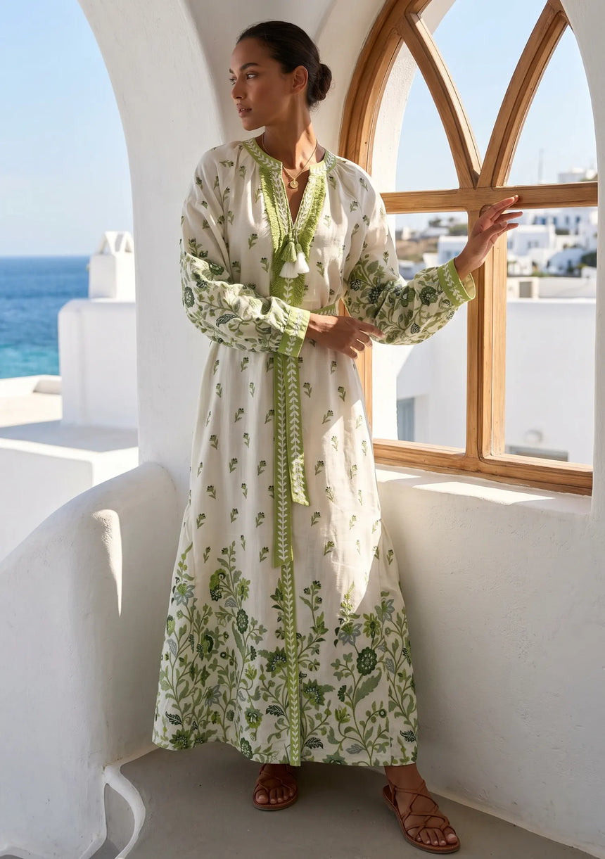 ibBan Printed Cotton Maxi Dress with Hand Embroidery | Luxury Resort Wear - Aizal long dress