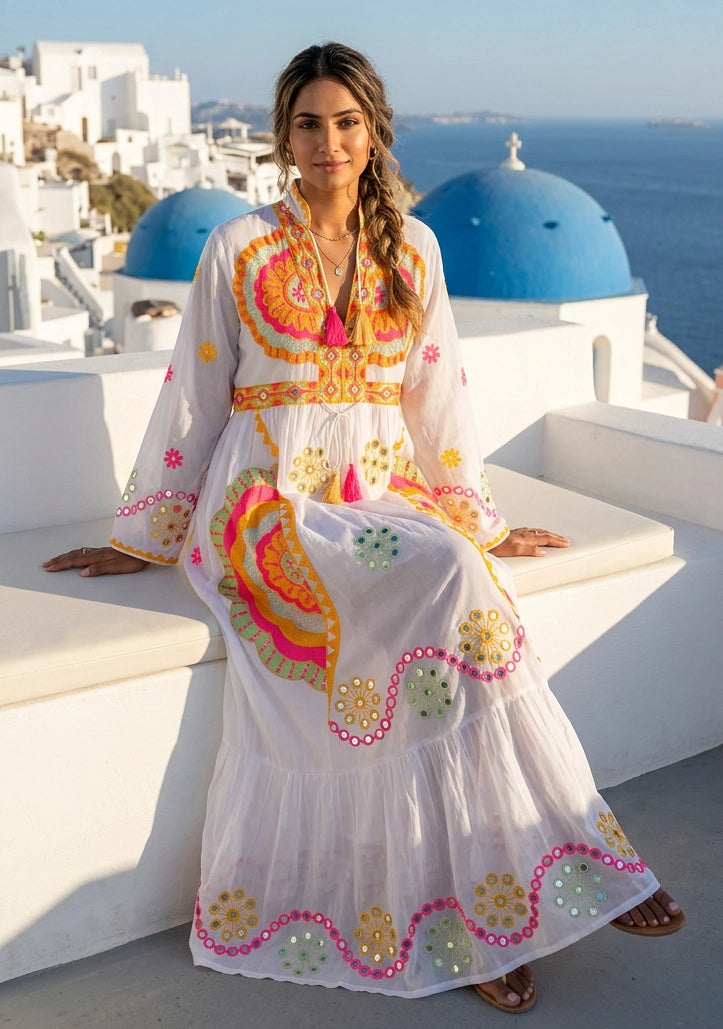 Women's Hand Embroidered Cotton Maxi Dress V-Neck - Sara