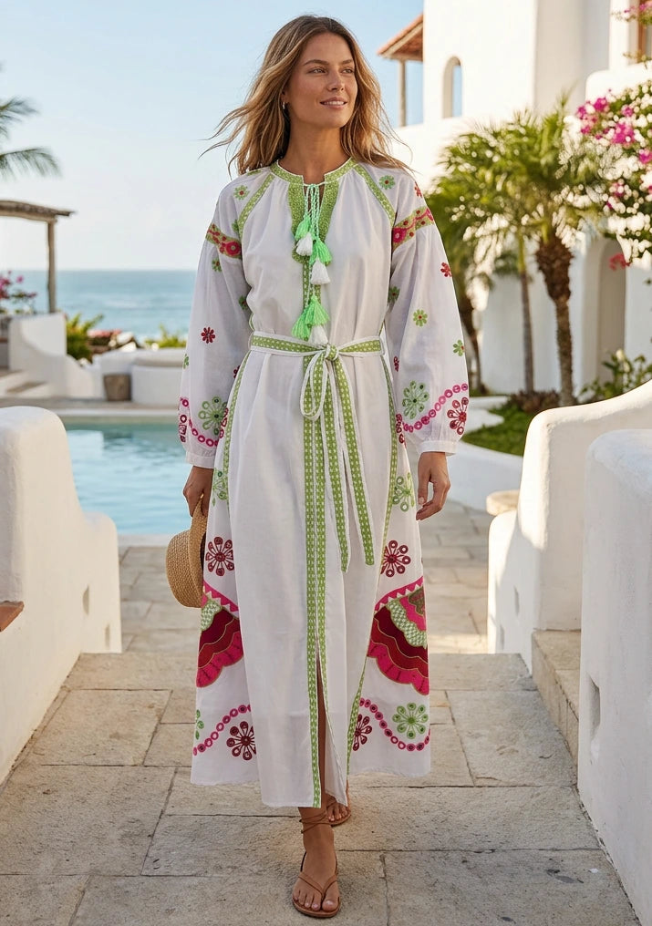 Vestido Largo de Algodón con Cuello Redondo para Mujer - Sara