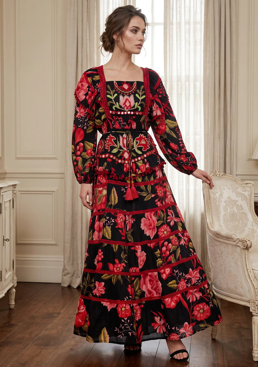 Ibban Black Floral Print Cotton Maxi Dress - Almasa
