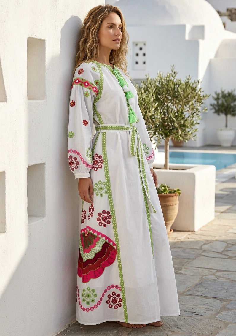 Vestido Largo de Algodón con Cuello Redondo para Mujer - Sara