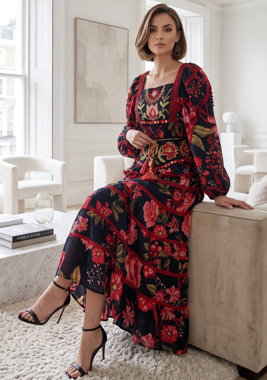 Ibban Black Floral Print Cotton Maxi Dress - Almasa