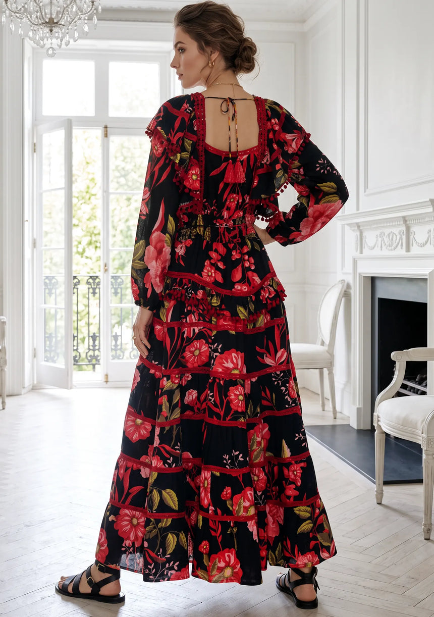 Ibban Black Floral Print Cotton Maxi Dress - Almasa
